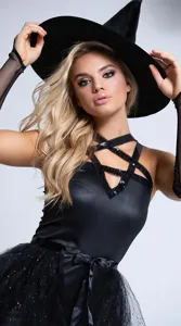 Plus size black Halloween witch costume set with sequin strap top, hat, and mesh tutu skirt.