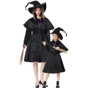 Women Kids Halloween Witch Costume Set Evil Magic Wizard Cosplay Dress With Cloak Hat Belt Masquerade Party Performance Outfit