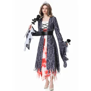 Detailed view of the Halloween bloody vampire queen costume dress with black roses and tiara.