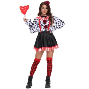 Women Kids Clown Cosplay Costume Halloween Easter Stage Performance Top And Bottom Set With Hat Socks Polka Dot Dress Up Outfit