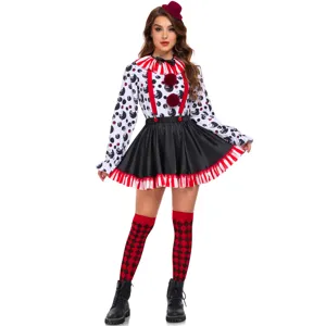 Adult women clown costume set with polka dot top, black skirt, and socks for Halloween party.