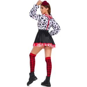 Women Halloween clown cosplay costume set with patterned top skirt socks and mini hat.