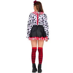 Adult women clown cosplay costume back view detail featuring patterned long sleeve top and skirt.