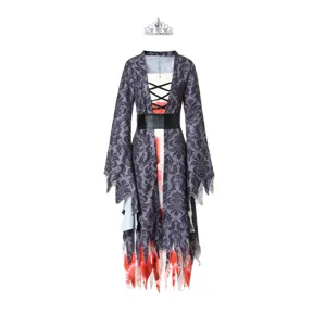Halloween bloody ghost bride gothic dress details, spooky vampire costume robe and tiara.
