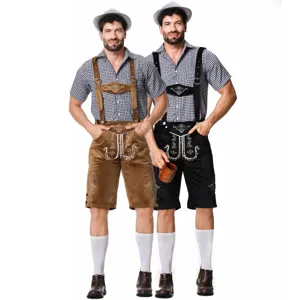 Herren Traditionelles Bayerisches Oktoberfest Kostüm Set Bestickte Lederhosen Kariertes Hemd Deutscher Bierfest Bühne Party Top And Bottom