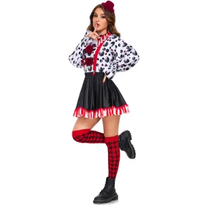 Adult clown costume set features patterned top, skirt, and socks for Halloween events.