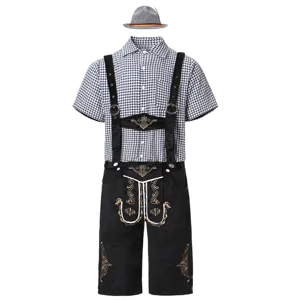 Traditionelles Herren Oktoberfest Kostüm Set mit kariertem Hemd und bestickter Lederhose.