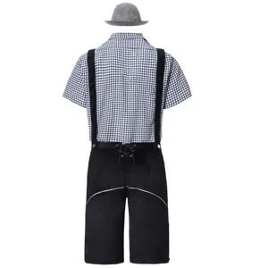 Herren Oktoberfest Kostüm Set mit Karohemd, Trachtenhose mit Trägern und grauem Hut für Partys.