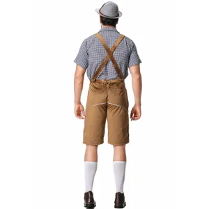 Herren Oktoberfest deutsches Kostüm Lederhose Set mit kariertem Hemd und Hosenträgern Detailansicht