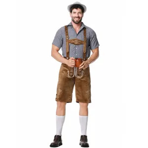 Detailansicht des traditionellen bayerischen Herren Lederhosen Kostüms mit kariertem Hemd.