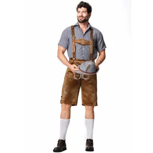 Herren Oktoberfest Lederhosen Kostüm Kariertes Hemd Bayerische Party Outfit Set