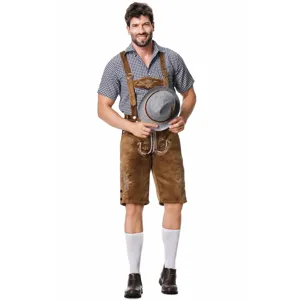Herren deutsches Oktoberfest Kostüm Set mit kariertem Hemd und Lederhosen für Party und Bühne.