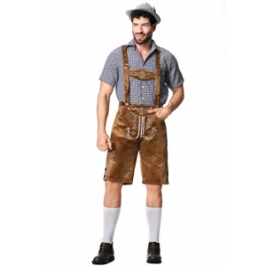 Herren Oktoberfest Bayerische Lederhosen Kostüm Set Kurzarm Karohemd Outfit Partykleidung Top