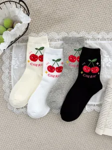 Cute cherry embroidered cotton crew socks set, comfortable casual wear for women and girls.