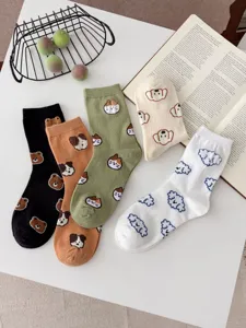Cute animal pattern mid-tube cotton socks for women, perfect for autumn and winter daily wear.