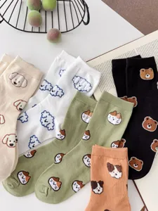 Cute cartoon animal embroidered mid-calf cotton socks for women autumn winter daily wear.