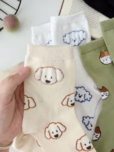 Cute cartoon puppy and cat embroidered cotton mid-tube socks detail showcase, soft comfy.