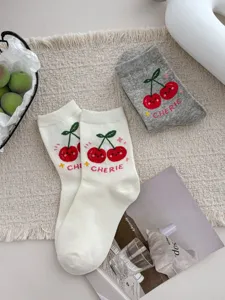 Cute cherry print women crew socks, soft combed cotton casual autumn winter socks, aesthetic sock.