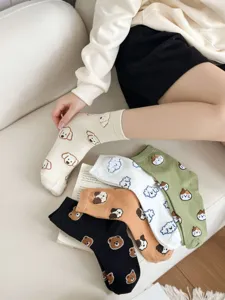 Cute cartoon animal mid-tube socks for women, soft combed cotton casual autumn winter socks.