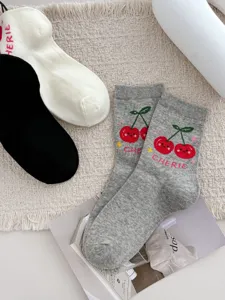 Cute cherry print combed cotton mid-tube socks for women autumn winter casual versatile hosiery