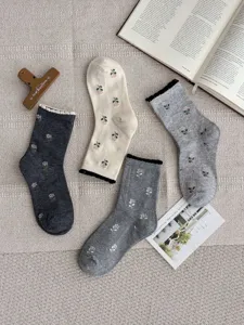 Women cotton mid-tube socks with cute tulip floral pattern and cozy frilly cuff design detail