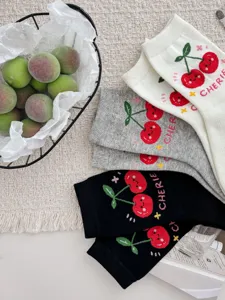 Cute cherry print combed cotton mid-calf socks for women autumn winter casual wear