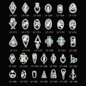 Details of Japanese style alloy nail charms with colorful K9 rhinestones, various shapes.