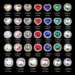 Detailed view of rhinestone nail art charms in heart and round shapes with size specs.