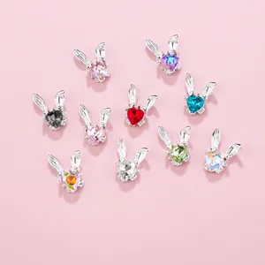 Heart crystal bunny ear nail art charms, shiny alloy rhinestone 3D DIY manicure decorations.