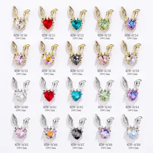 Alloy long-eared bunny nail art charms with colorful heart rhinestones, 10x13mm size variants.