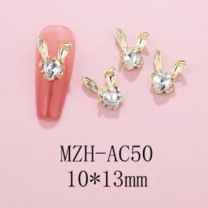 Gold rabbit nail charms with rhinestone heart, 10x13mm alloy DIY nail art decorations.