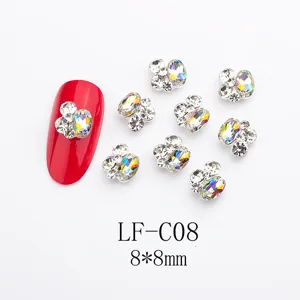 Nail art rhinestones detail, 8x8mm AB colorful glass crystal alloy charms for manicure decorations.
