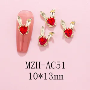 Gold rabbit nail charms with red heart rhinestones 10x13mm alloy DIY nail art decorations