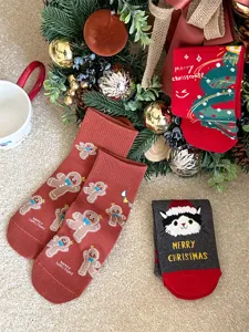 Women Christmas Cotton Mid Tube Socks Gingerbread Cat Festive Winter Warm Cotton Socks