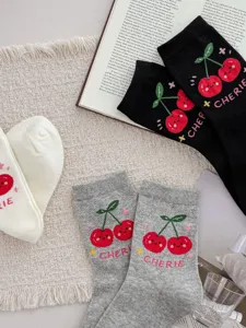 Cute cherry pattern combed cotton mid-tube socks for women, casual autumn winter warm socks.