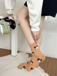 Cute cartoon animal crew socks for women, soft combed cotton autumn winter college style fashion.