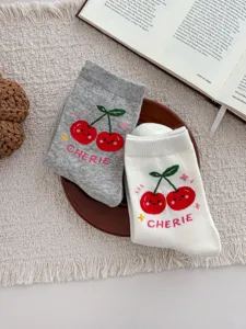 Cute cherry print cotton crew socks, soft knit winter fashion hosiery for women detail.