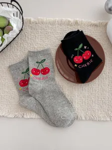 Women cute cherry embroidered crew socks combed cotton casual daily hosiery sweet style