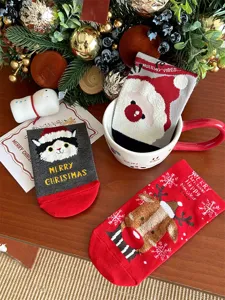 Christmas cartoon socks set for women, cute cat reindeer and santa cotton mid-tube socks.