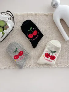 Cute cherry embroidered mid-calf socks for women comfortable cotton casual hosiery