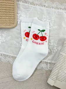 White cotton mid-tube socks with cute cherry print and sweet daily style, soft and cozy.