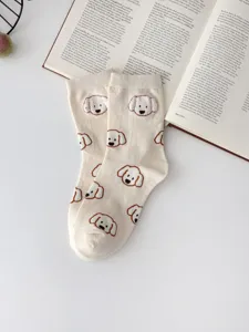 Fluffy flocked cute dog pattern socks detail view soft beige cotton mid-calf socks