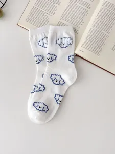 Cute fluffy dog pattern white mid tube cotton socks for women, sweet and cozy casual daily wear.