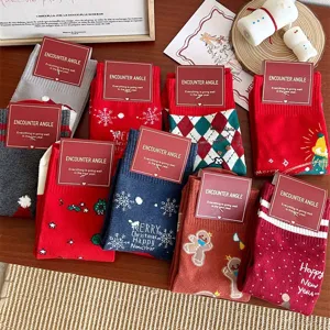Christmas festive cotton mid-tube socks for women, cute winter cartoon holiday patterns.