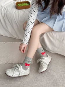 Cute cherry print mid-calf socks for women, soft cotton casual daily wear fashion hosiery