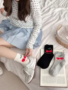 Cute cherry print combed cotton mid-tube socks, stylish casual women's socks for daily wear.