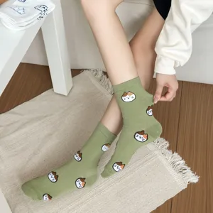 Cute green women mid-tube combed cotton socks with adorable cat patterns for autumn winter