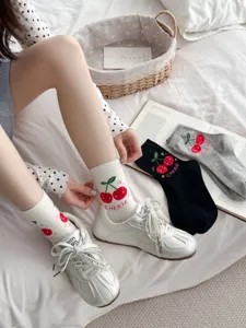 Cute cherry embroidered cotton crew socks for women, comfortable casual daily wear ankle socks.