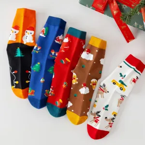 Christmas cartoon cotton socks set, detailed close-up of five colorful winter holiday styles.