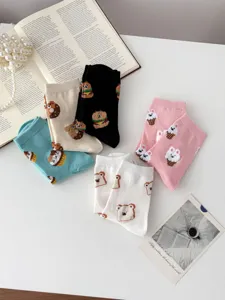 Cute cartoon bear and food embroidered mid-calf cotton socks for women autumn winter